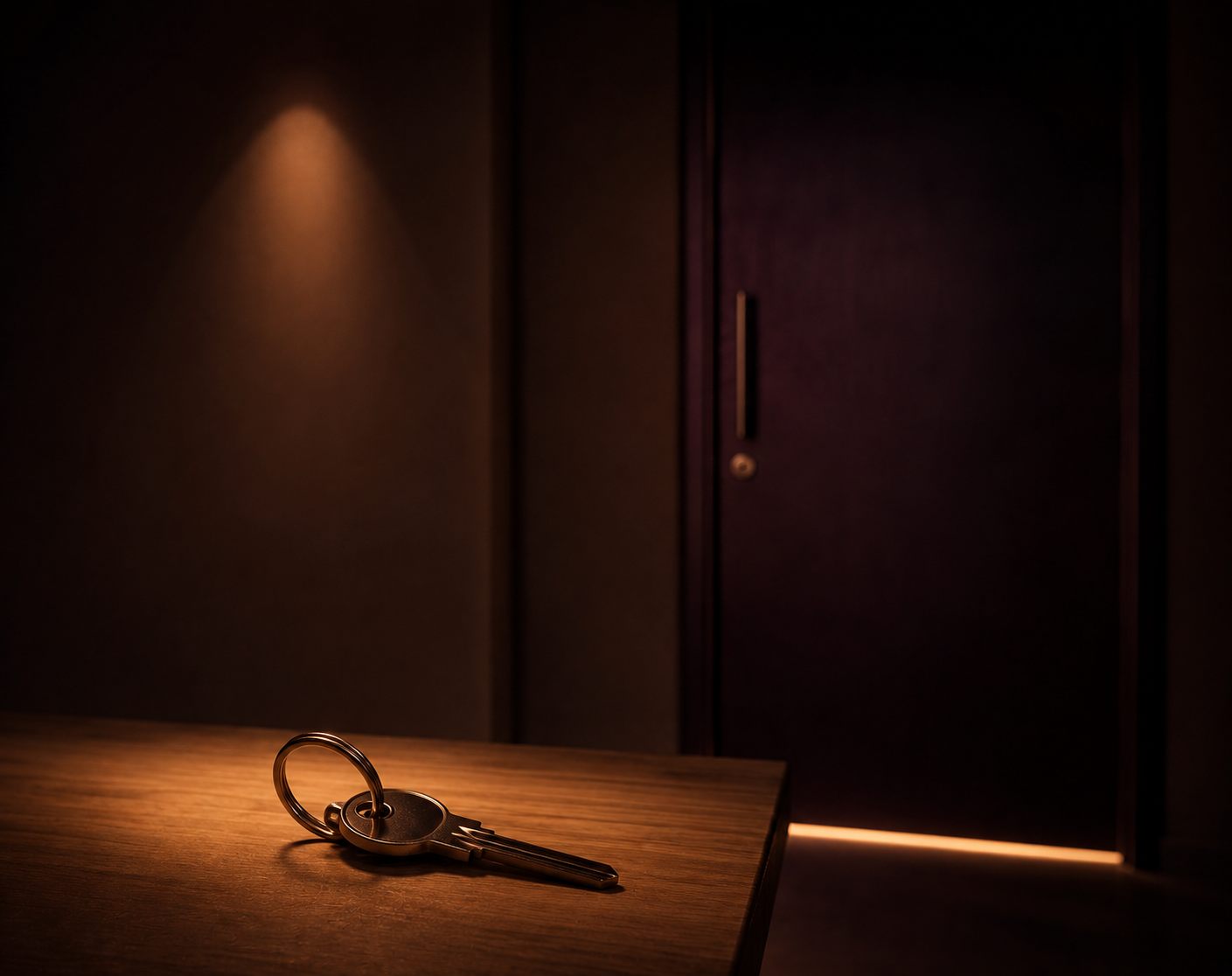 Uma chave sobre uma mesa de madeira, iluminada por um facho de luz perto de uma porta escura, simbolizando acesso à Comunidade Oral Unic Legacy